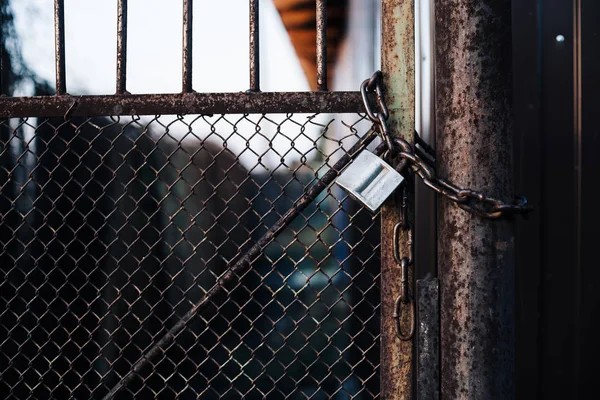 Gates with mesh on lock in iron fence. Metal gate with grid is fortified with diagonal reinforcement. Background image of steel rough gate with lock on chain.