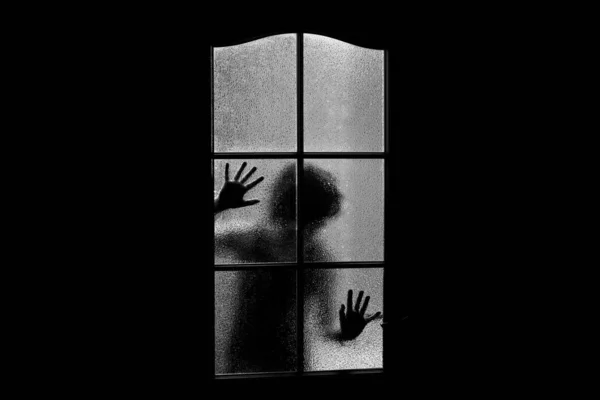 Dark Silhouette Girl Glass Locked Alone Room Door Halloween Grayscale — Stock Photo, Image