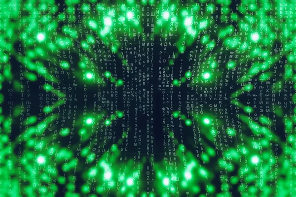 Green blue matrix digital background. Abstract cyberspace concept. Characters fall down. Matrix from symbols stream. Virtual reality design. Complex algorithm data hacking. Green digital sparks.