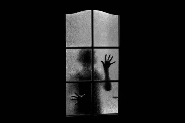 Dark Silhouette Girl Glass Locked Alone Room Door Halloween Grayscale — Stock Photo, Image