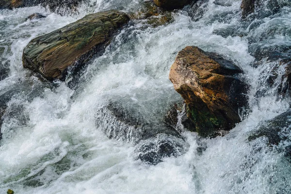 Dağ Deresi'ne yakın çekimde büyük kayalar. Kopya alanı ile hızlı nehir Rapids. Köpüklü su akıntısı. Isldeki taşların yanında hızlı akış. Temiz su dalgalarının arka planı. Dere parlak dere doğal doku