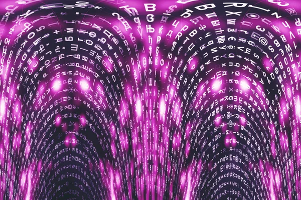ピンクマトリックスデジタル背景 歪んだサイバースペースの概念 文字が落ちる シンボル ストリームからの行列 バーチャルリアリティデザイン 複雑なアルゴリズムデータハッキング ピンクのデジタルスパーク — ストック写真