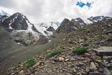 Bulutlu mavi gökyüzü altında karlı dev dağ sırası. Kar lı kayalık sırt. Büyük bir buzul. Su akıntıları ile buzlu dağ. Yaylaların zengin bitki örtüsü. Doğanın atmosferik minimalist manzara.