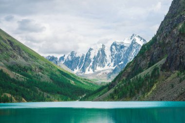 Dağlık dağlardaki dağ gölünde su parlat. Harika dev karlı dağlar. Dere buzuldan akar. Sırtta beyaz berrak kar. Görkemli Altay doğasının muhteşem atmosferik manzarası.