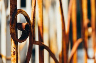 Parlak güneş yakın kopya alanı ile pas kaplı beyaz boya soyma ile eski dövme desenli çit. Makrodaki demir çit parçasından sıcak arka plan.