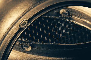 Steampunk tarzında olağandışı robotik göz. Boş robot bakışı. Arka plan deseni yakın çekim.