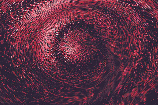 Red spherical twisted portal in supernatural world. Abstract background of otherworldly wormhole. Hellish mystical space.
