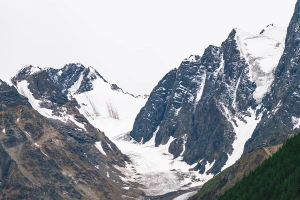 Besneeuwde Bergtop Achter Heuvel Met Bos Onder Bewolkte Hemel Rotsachtige — Stockfoto