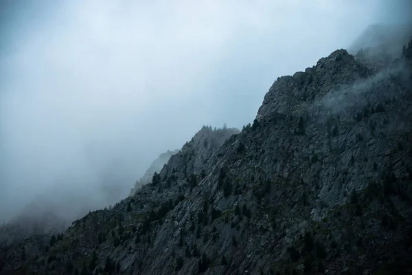 Pedras Gigantes Fantasmagóricas Com Árvores Denso Nevoeiro Misteriosa Montanha Enorme — Fotografia de Stock