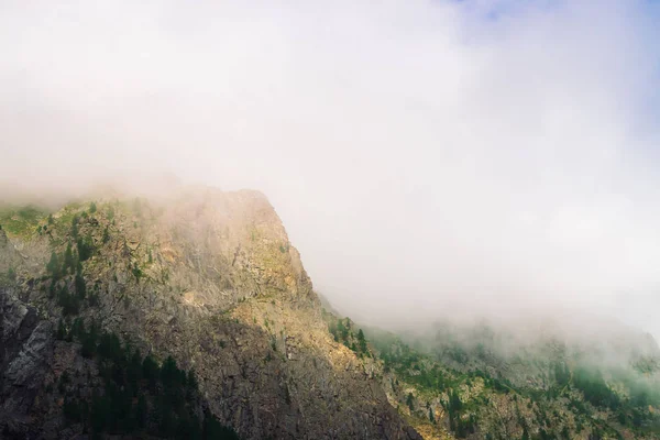 Rocas Gigantes Con Árboles Niebla Matutina Cerca Gran Nube Cerca — Foto de Stock