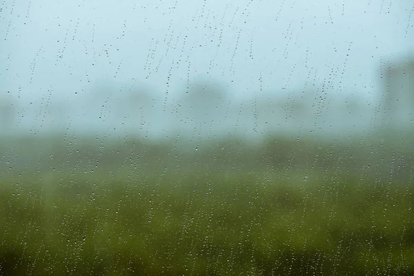 Vidrio Sucio Con Gotas Lluvia Gotas Lluvia Fondo Vegetación Construcción —  Fotos de Stock