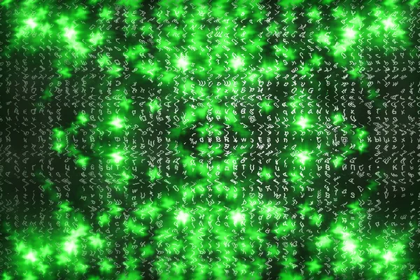 Green matrix digital background. Abstract cyberspace concept. Characters fall down. Matrix from symbols stream. Virtual reality design. Complex algorithm data hacking. Green digital sparks.