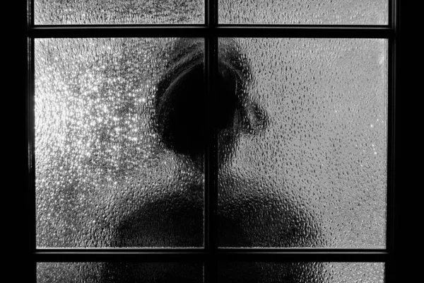 Dark Silhouette Girl Glass Locked Alone Room Door Halloween Grayscale — Stock Photo, Image