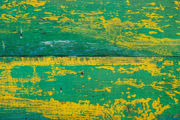 Parede Rústica Pintada Madeira Velha Com Corante Escamoso Verde Amarelo — Fotografia de Stock