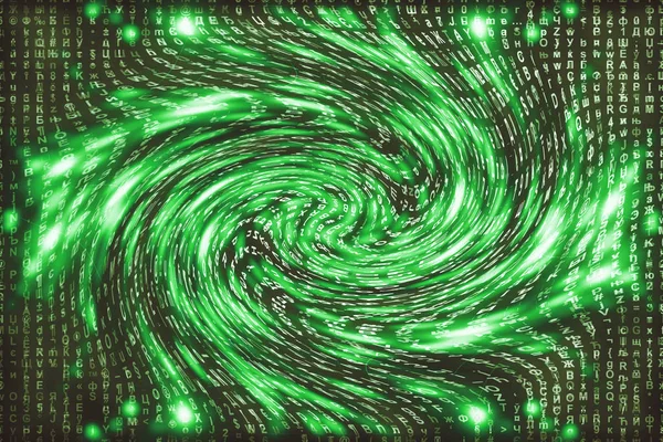 Green matrix digital background. Distorted cyberspace concept. Characters fall down in wormhole. Hacked matrix. Virtual reality design. Complex algorithm data hacking. Green digital sparks.