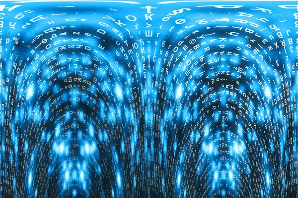 Niebieska Matryca Tle Cyfrowym Zniekształcona Koncepcja Cyberprzestrzeni Postacie Opadają Macierz — Zdjęcie stockowe