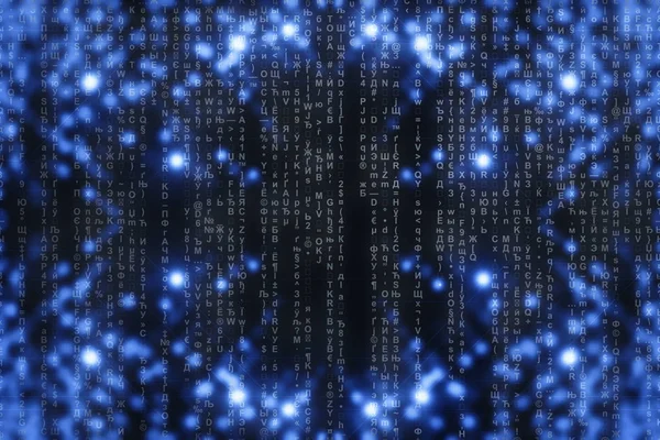 Matrix on blue digital background. Characters fall down. Stream of symbols. Shiny virtual reality with copy space. Sparkle backdrop. Complex algorithm. Falling letters and numbers. Hacking computer.