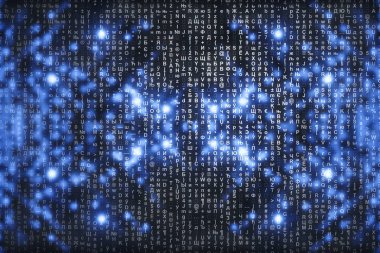 Mavi dijital arka plan üzerine matris. Karakterler düşer. Semboller akışı. Kopya alanı ile parlak sanal gerçeklik. Işıltı arka planı. Karmaşık algoritma. Düşen harfler ve sayılar. Bilgisayar korsanlığı.