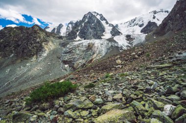 Bulutlu mavi gökyüzü altında karlı dev dağ sırası. Kar lı kayalık sırt. Büyük bir buzul. Su akıntıları ile buzlu dağ. Yaylaların zengin bitki örtüsü. Doğanın atmosferik minimalist manzara.