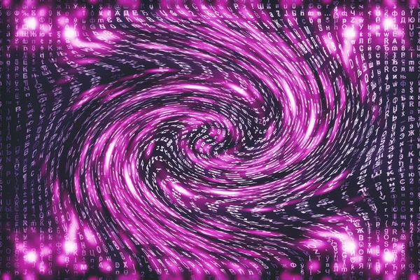 Pink matrix digital background. Distorted cyberspace concept. Characters fall down in wormhole. Hacked matrix. Virtual reality design. Complex algorithm data hacking. Pink digital sparks.