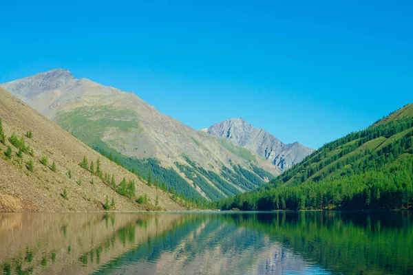 Giant Mountains Reflected Clean Water Mountain Lake Sunlight Conifer Forest — Stock Photo, Image