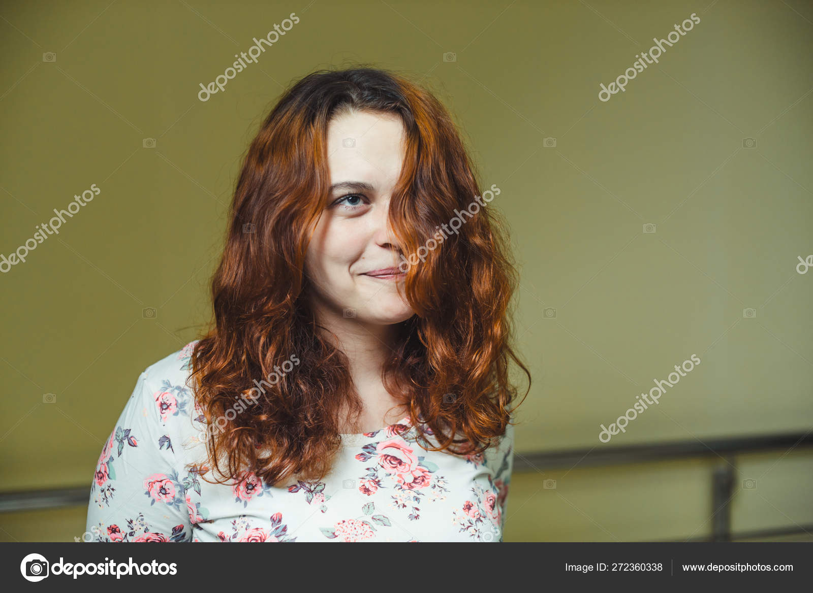Portrait Beautiful Cheerful Redhead Girl Curly Hair Green Yellow Wall Stock  Photo by ©daniilphotos 272360338