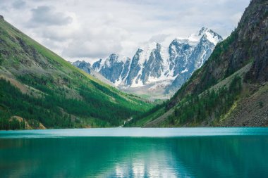 Dağlık dağlardaki dağ gölünde su parlat. Harika dev karlı dağlar. Dere buzuldan akar. Sırtta beyaz berrak kar. Görkemli Altay doğasının muhteşem atmosferik manzarası.