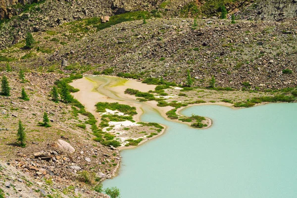 Lake of old turquoise color near stone slope of mountain with bog terrain. Smooth surface of water of dim marsh color. White sand. Unusual landscape of Altai nature.