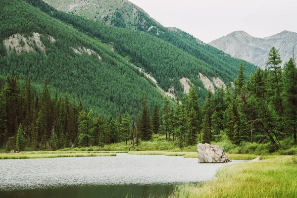 Gran Piedra Pequeño Lago Montaña Con Una Superficie Brillante Entre — Foto de Stock
