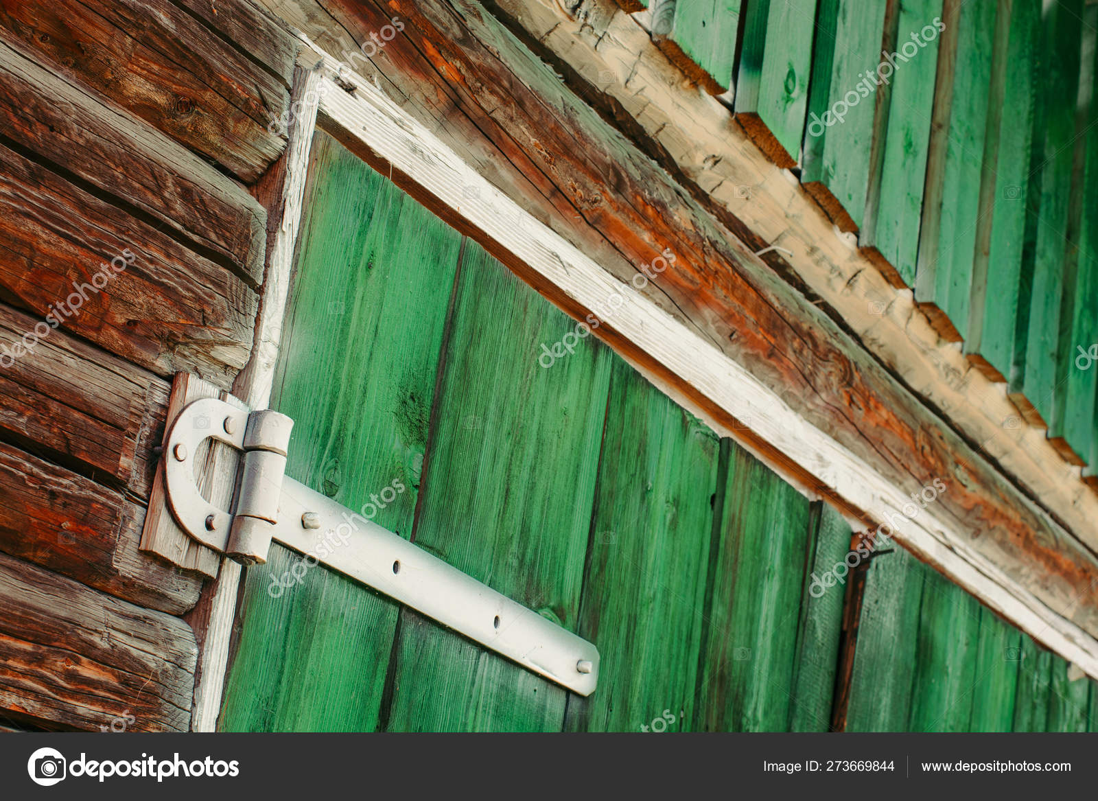 Painted White Iron Hinges Green Wooden Gates Shed Close Textured