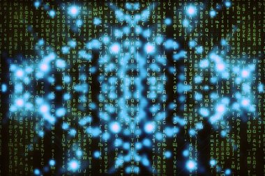 Mavi yeşil matris dijital arka plan. Soyut siber uzay kavramı. Yeşil karakterler düşer. Semboller akışından matris. Sanal gerçeklik tasarımı. Karmaşık algoritma veri hackleme. Cyan dijital kıvılcımlar.