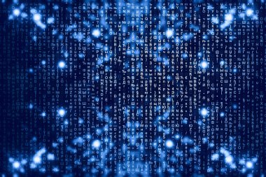 Mavi matris dijital arka plan. Soyut siber uzay kavramı. Karakterler düşer. Semboller akışından matris. Sanal gerçeklik tasarımı. Karmaşık algoritma veri hackleme. Cyan dijital kıvılcımlar.
