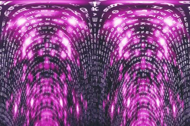 Pembe matris dijital arka plan. Çarpık siber uzay konsepti. Karakterler düşer. Semboller akışından matris. Sanal gerçeklik tasarımı. Karmaşık algoritma veri hackleme. Pembe dijital kıvılcımlar.