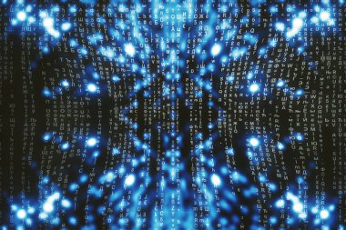 Mavi matris dijital arka plan. Soyut siber uzay kavramı. Karakterler düşer. Semboller akışından matris. Sanal gerçeklik tasarımı. Karmaşık algoritma veri hackleme. Cyan dijital kıvılcımlar.