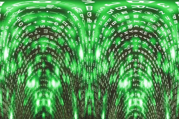 緑のマトリックスデジタル背景 歪んだサイバースペースの概念 文字が落ちる シンボル ストリームからの行列 バーチャルリアリティデザイン 複雑なアルゴリズムデータハッキング グリーンデジタルスパーク — ストック写真