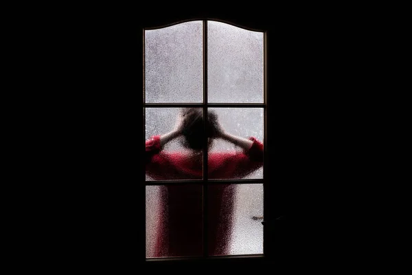 Dark Silhouette Girl Red Glass Locked Alone Room Door Halloween — Stock Photo, Image