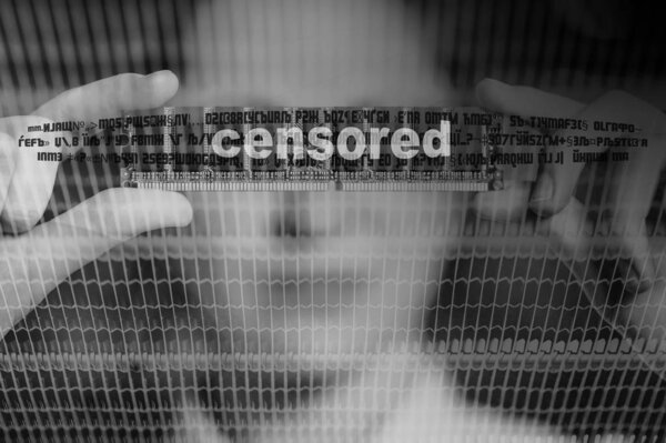 Anonymous person in digital space. Woman with not seen look and text "censored". Censor content with copy space. Monochrome background with IT technology. Virtual interface for human.