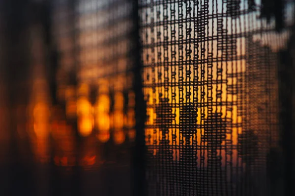 Wonderful vivid dawn from window through patterned curtain. Amazing warm sky behind silhouettes of tulle texture. Orange sunlight. Cosiness textured colorful background with sunrise. Copy space.