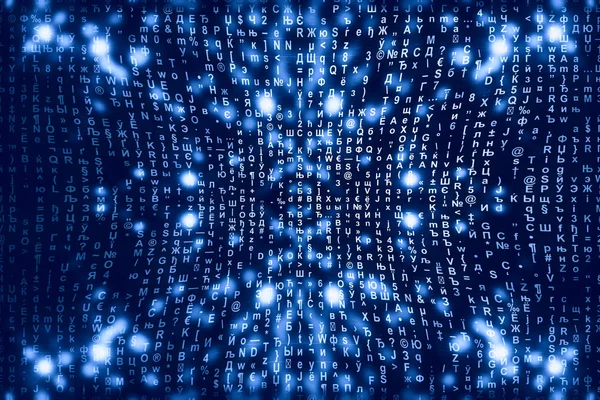 蓝色矩阵数字背景 抽象网络空间概念 字符掉落 来自符号流的矩阵 虚拟现实设计 复杂的算法数据黑客 青色数字火花 — 图库照片