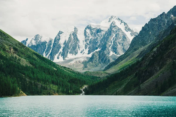 Wonderful giant snowy mountains. Creek flows from glacier into mountain lake. Shine water in highlands. White clear snow on ridge. Amazing atmospheric landscape of majestic nature.