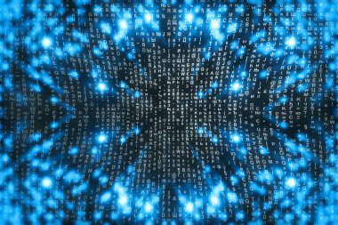 Mavi matris dijital arka plan. Soyut siber uzay kavramı. Karakterler düşer. Semboller akışından matris. Sanal gerçeklik tasarımı. Karmaşık algoritma veri hackleme. Cyan dijital kıvılcımlar.