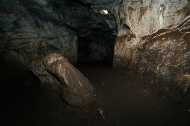 Güzel bir mağara. Karanlık zindandan manzara. Mağaranın dokulu duvarları. Yeraltı tünelinin arka plan görüntüsü. Mağaranın içinde nem var. Geziler için mağara içinde Aydınlatma.