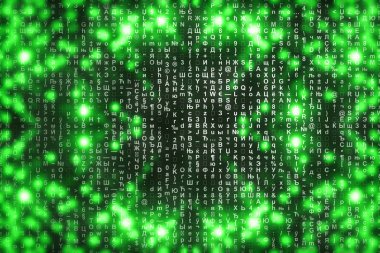 Yeşil matris dijital arka plan. Soyut siber uzay kavramı. Karakterler düşer. Semboller akışından matris. Sanal gerçeklik tasarımı. Karmaşık algoritma veri hackleme. Yeşil dijital kıvılcımlar.