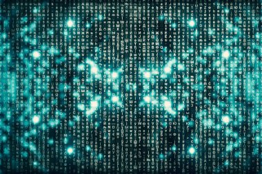 Mavi matris dijital arka plan. Soyut siber uzay kavramı. Karakterler düşer. Semboller akışından matris. Sanal gerçeklik tasarımı. Karmaşık algoritma veri hackleme. Cyan dijital kıvılcımlar.