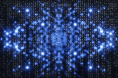 Mavi dijital arka plan üzerine matris. Karakterler düşer. Semboller akışı. Kopya alanı ile parlak sanal gerçeklik. Işıltı arka planı. Karmaşık algoritma. Düşen harfler ve sayılar. Bilgisayar korsanlığı.