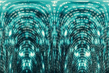 Mavi matris dijital arka plan. Çarpık siber uzay konsepti. Karakterler düşer. Semboller akışından matris. Sanal gerçeklik tasarımı. Karmaşık algoritma veri hackleme. Cyan dijital kıvılcımlar.