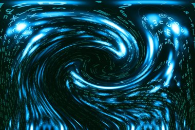 Mavi yeşil matris dijital arka plan. Çarpık siber uzay konsepti. Yeşil karakterler solucan deliğine düşer. Hacklenmiş matris. Sanal gerçeklik tasarımı. Karmaşık algoritma veri hackleme. Cyan dijital kıvılcımlar.