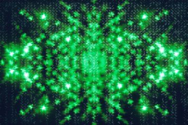 Yeşil mavi matris dijital arka plan. Soyut siber uzay kavramı. Karakterler düşer. Semboller akışından matris. Sanal gerçeklik tasarımı. Karmaşık algoritma veri hackleme. Yeşil dijital kıvılcımlar.