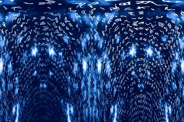 Blue matrix digital background. Distorted cyberspace concept. Characters fall down. Matrix from symbols stream. Virtual reality design. Complex algorithm data hacking. Cyan digital sparks.