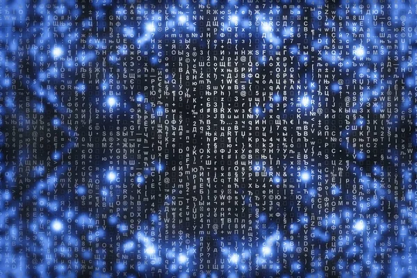 Mátrix Kék Digitális Háttéren Karakterek Leesik Szimbólumok Folyama Shiny Virtuális — Stock Fotó